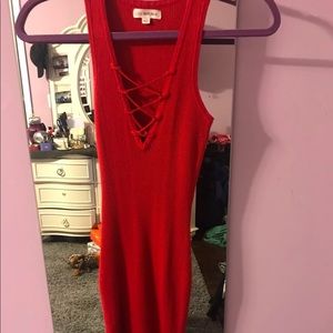 Red lace up bodycon ribbed dress